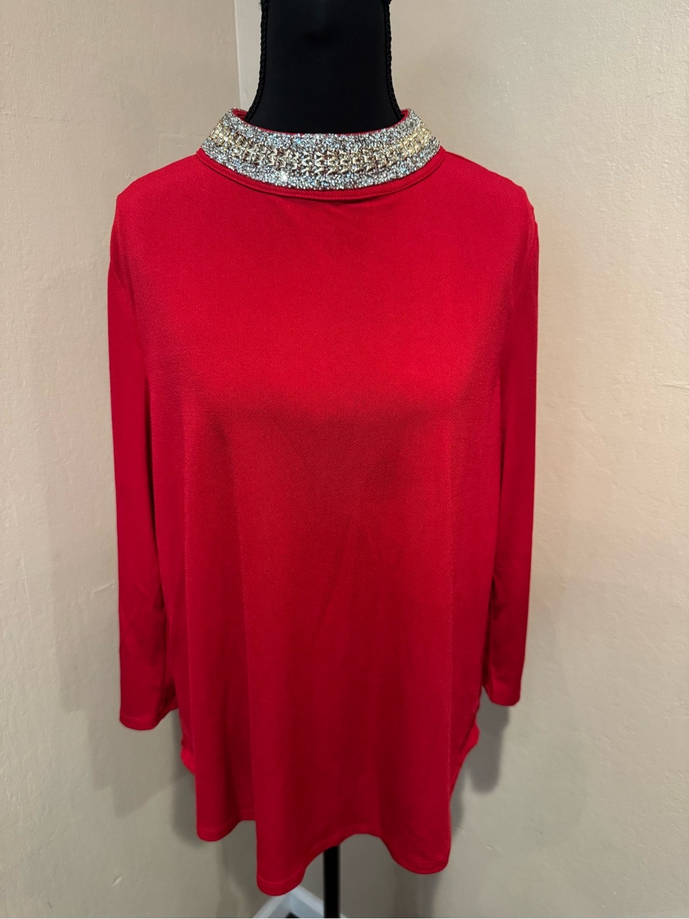 Jeweled Mock Neck Red Women's Blouse With Cut-Out Sleeve Detail